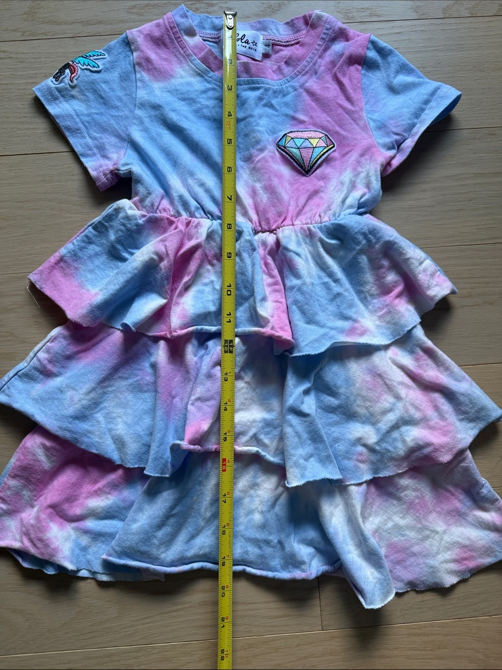 Lola + The Boys Pink and Light Blue Tie-Dye Ruffle Dress with Diamond Patch - Picture 5 of 6